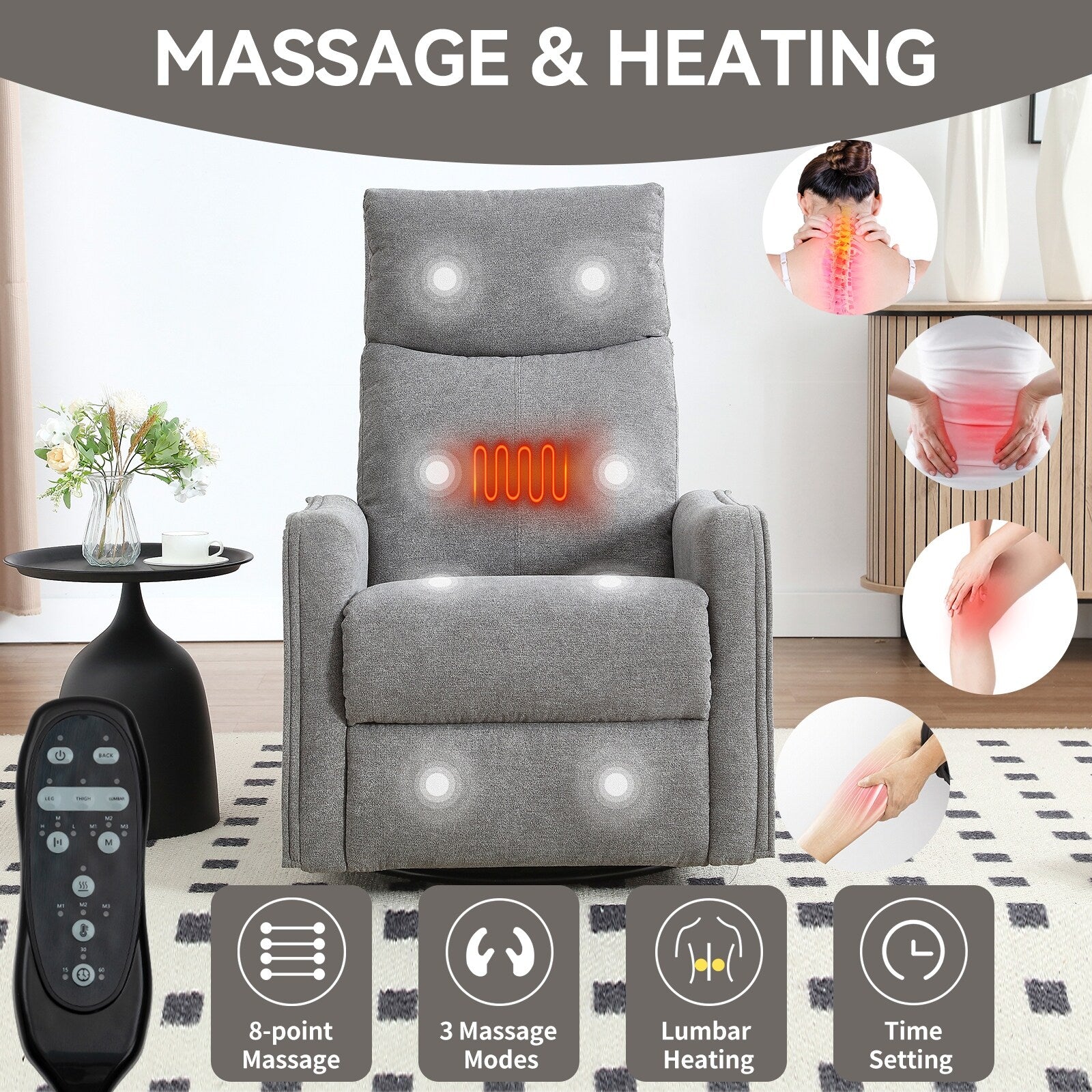 Fauteuil inclinable manuel à 8 points de massage, fauteuil à bascule pivotant en tissu, fauteuil simple avec bascule et chauffage lombaire