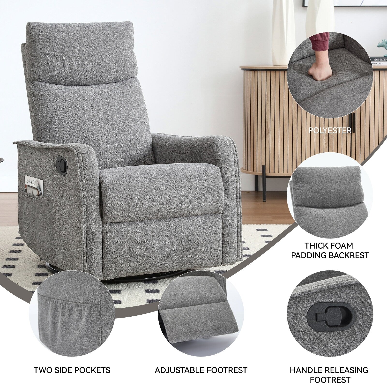 Fauteuil inclinable manuel à 8 points de massage, fauteuil à bascule pivotant en tissu, fauteuil simple avec bascule et chauffage lombaire