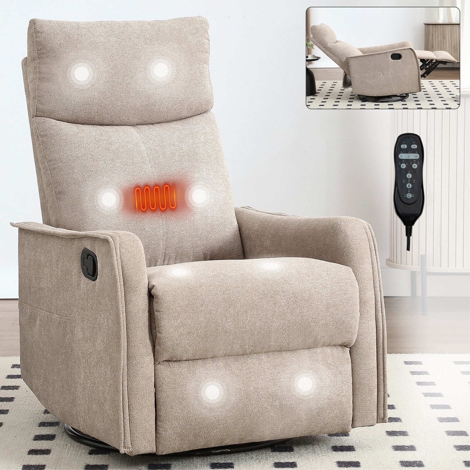 Fauteuil inclinable manuel à 8 points de massage, fauteuil à bascule pivotant en tissu, fauteuil simple avec bascule et chauffage lombaire