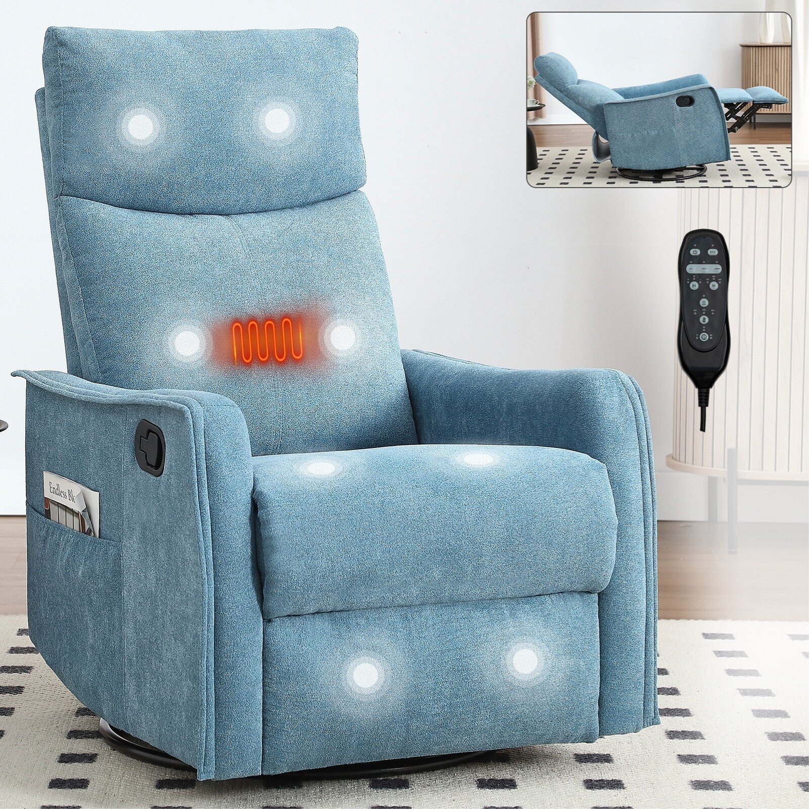 Fauteuil inclinable manuel à 8 points de massage, fauteuil à bascule pivotant en tissu, fauteuil simple avec bascule et chauffage lombaire