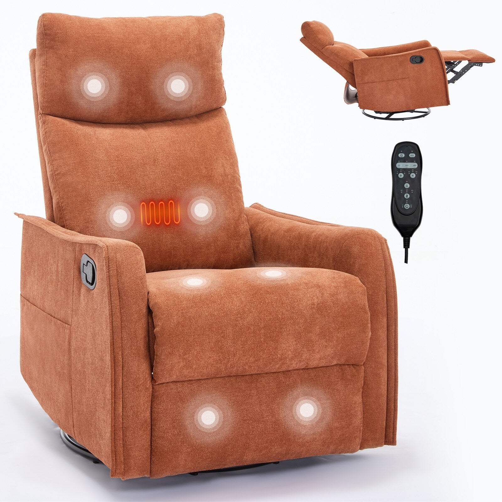 Fauteuil inclinable manuel à 8 points de massage, fauteuil à bascule pivotant en tissu, fauteuil simple avec bascule et chauffage lombaire