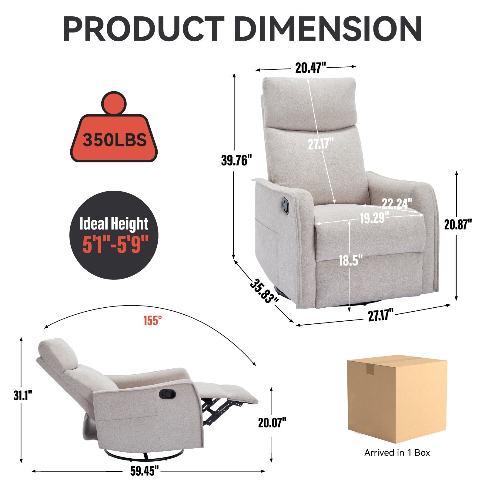 Fauteuil inclinable manuel à 8 points de massage, fauteuil à bascule pivotant en tissu, fauteuil simple avec bascule et chauffage lombaire