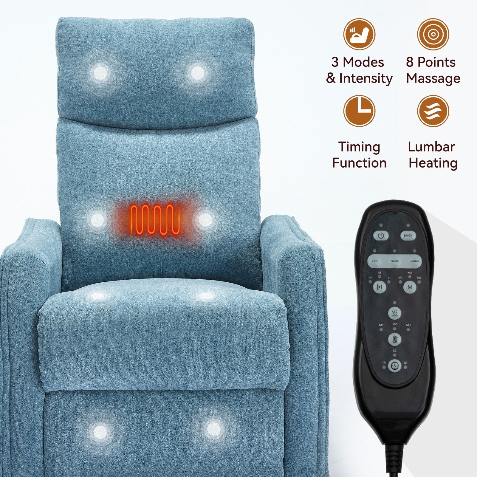 Fauteuil inclinable manuel à 8 points de massage, fauteuil à bascule pivotant en tissu, fauteuil simple avec bascule et chauffage lombaire