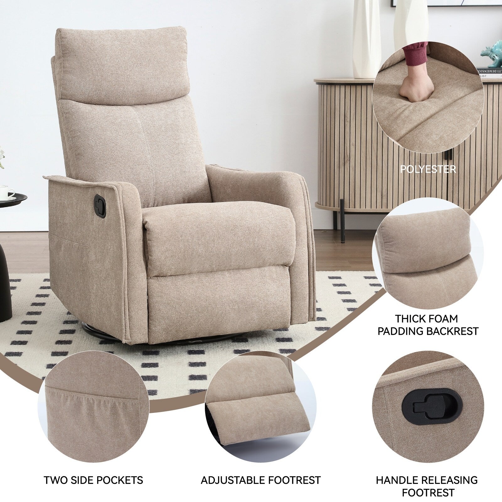 Fauteuil inclinable manuel à 8 points de massage, fauteuil à bascule pivotant en tissu, fauteuil simple avec bascule et chauffage lombaire