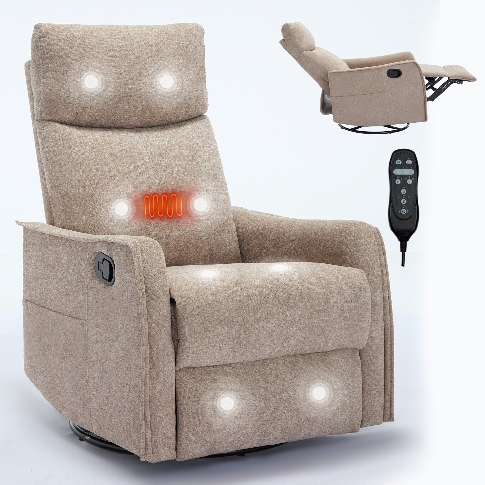 Fauteuil inclinable manuel à 8 points de massage, fauteuil à bascule pivotant en tissu, fauteuil simple avec bascule et chauffage lombaire