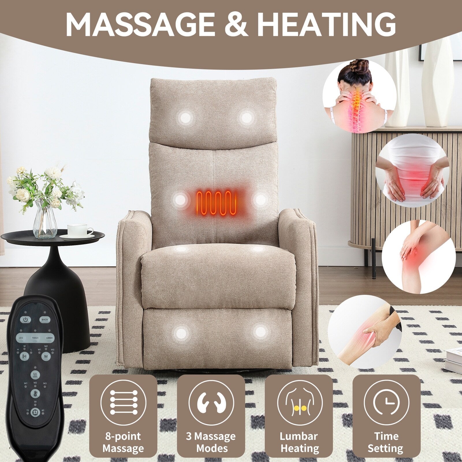 Fauteuil inclinable manuel à 8 points de massage, fauteuil à bascule pivotant en tissu, fauteuil simple avec bascule et chauffage lombaire