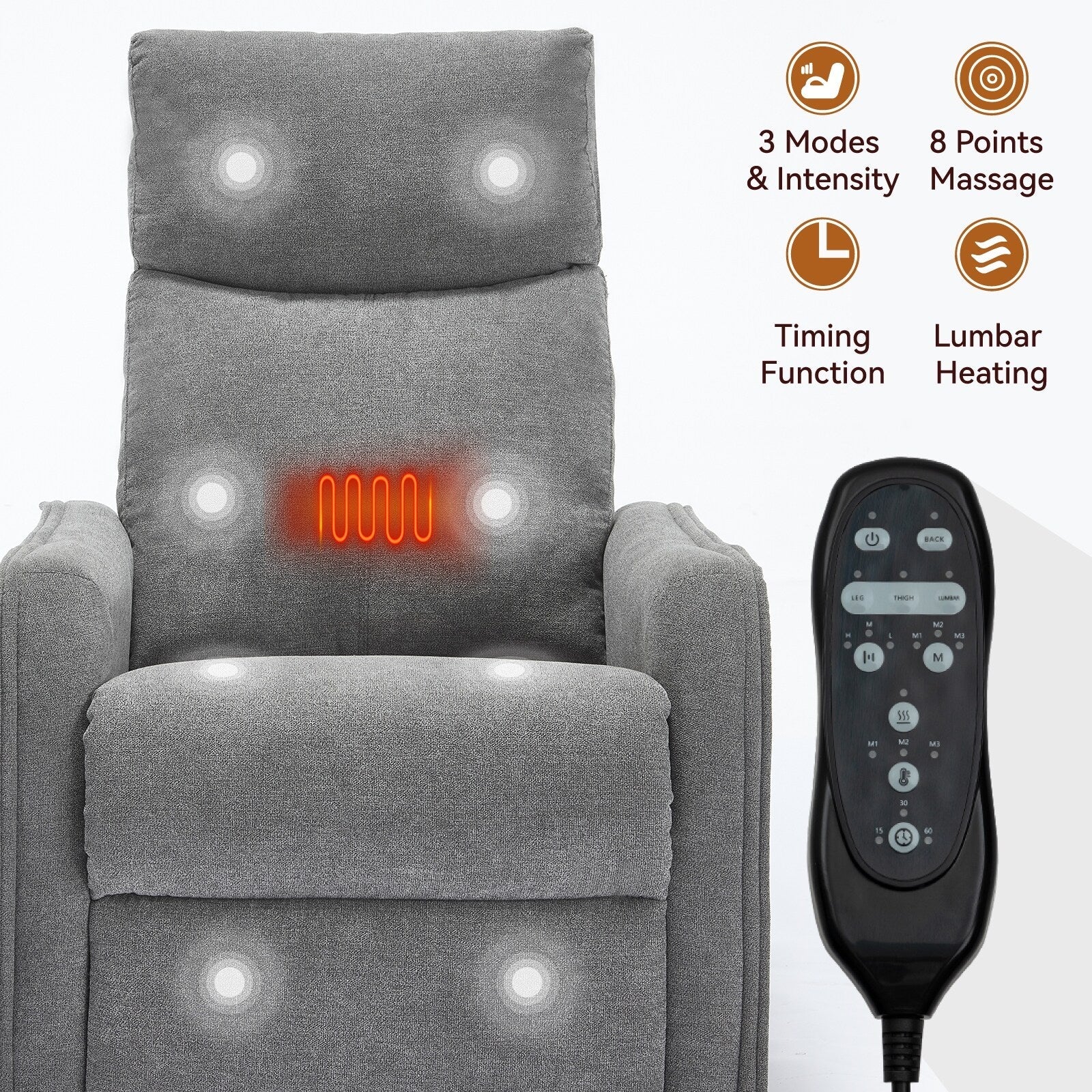 Fauteuil inclinable manuel à 8 points de massage, fauteuil à bascule pivotant en tissu, fauteuil simple avec bascule et chauffage lombaire