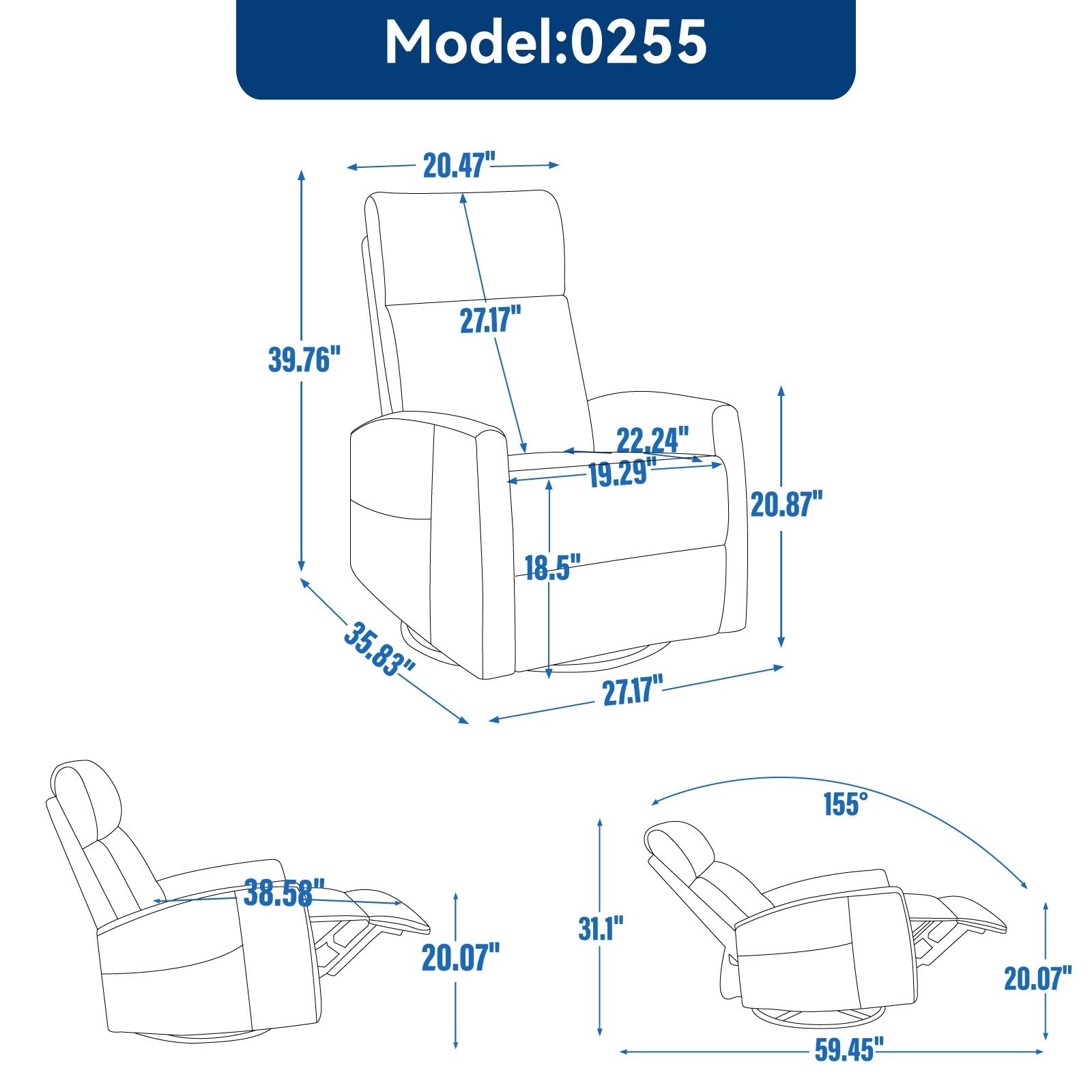 Fauteuil inclinable manuel à 8 points de massage, fauteuil à bascule pivotant en tissu, fauteuil simple avec bascule et chauffage lombaire