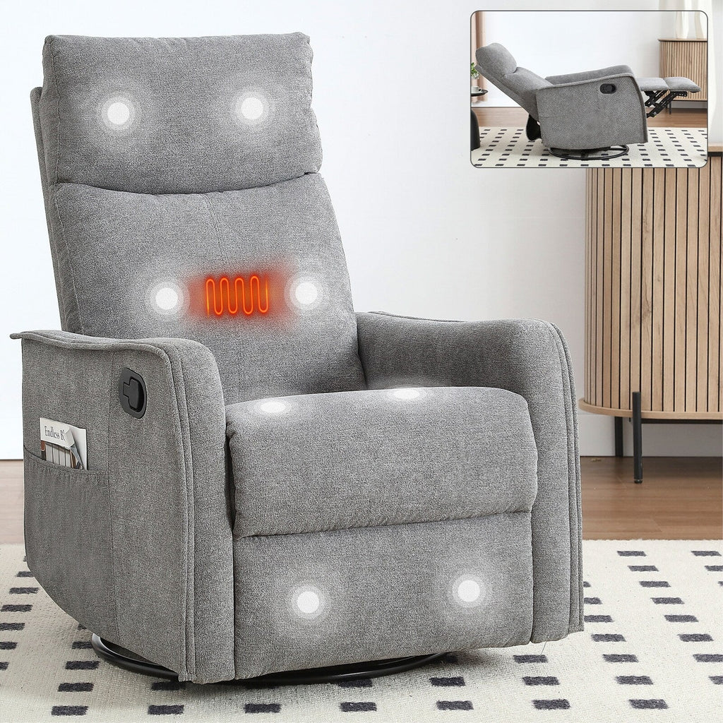 Fauteuil inclinable manuel à 8 points de massage, fauteuil à bascule pivotant en tissu, fauteuil simple avec bascule et chauffage lombaire