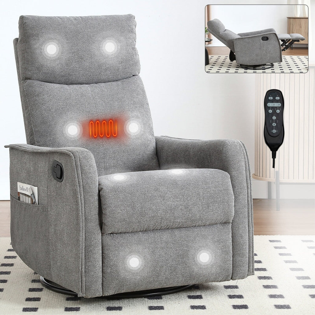 Fauteuil inclinable manuel à 8 points de massage, fauteuil à bascule pivotant en tissu, fauteuil simple avec bascule et chauffage lombaire