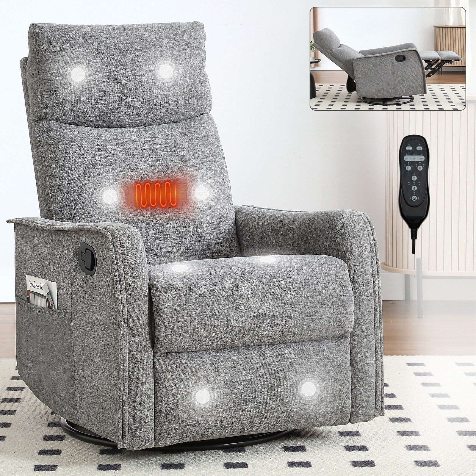 Fauteuil inclinable manuel à 8 points de massage, fauteuil à bascule pivotant en tissu, fauteuil simple avec bascule et chauffage lombaire