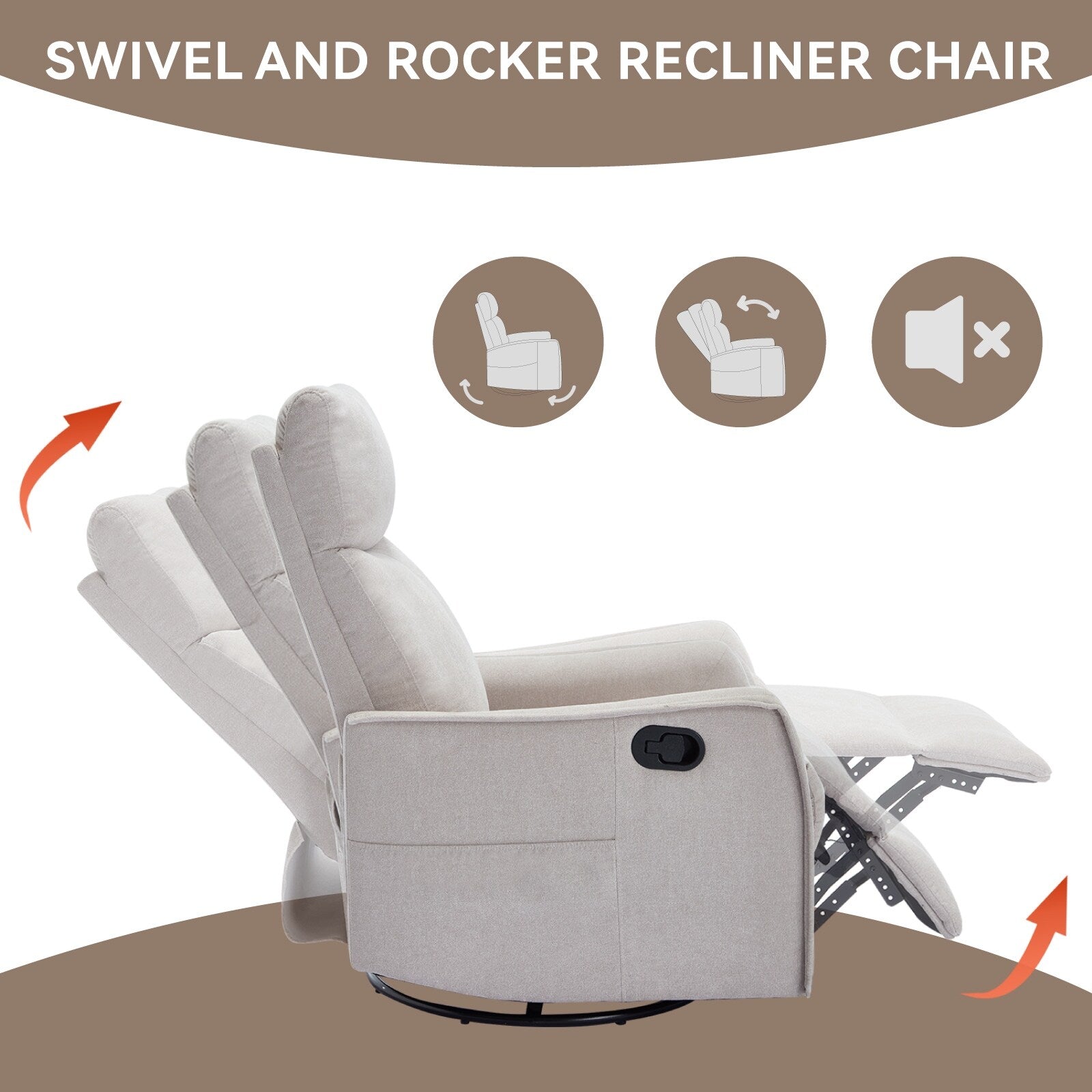 Fauteuil inclinable manuel à 8 points de massage, fauteuil à bascule pivotant en tissu, fauteuil simple avec bascule et chauffage lombaire