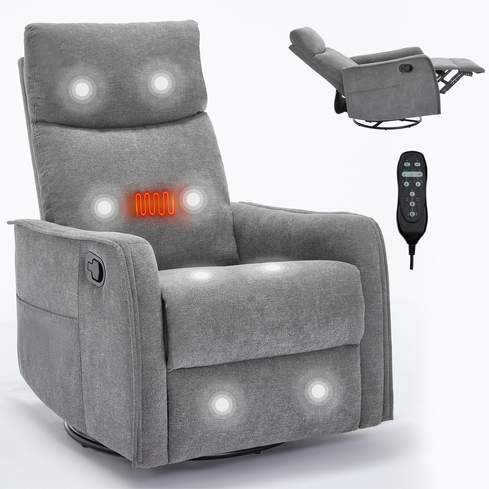 Fauteuil inclinable manuel à 8 points de massage, fauteuil à bascule pivotant en tissu, fauteuil simple avec bascule et chauffage lombaire