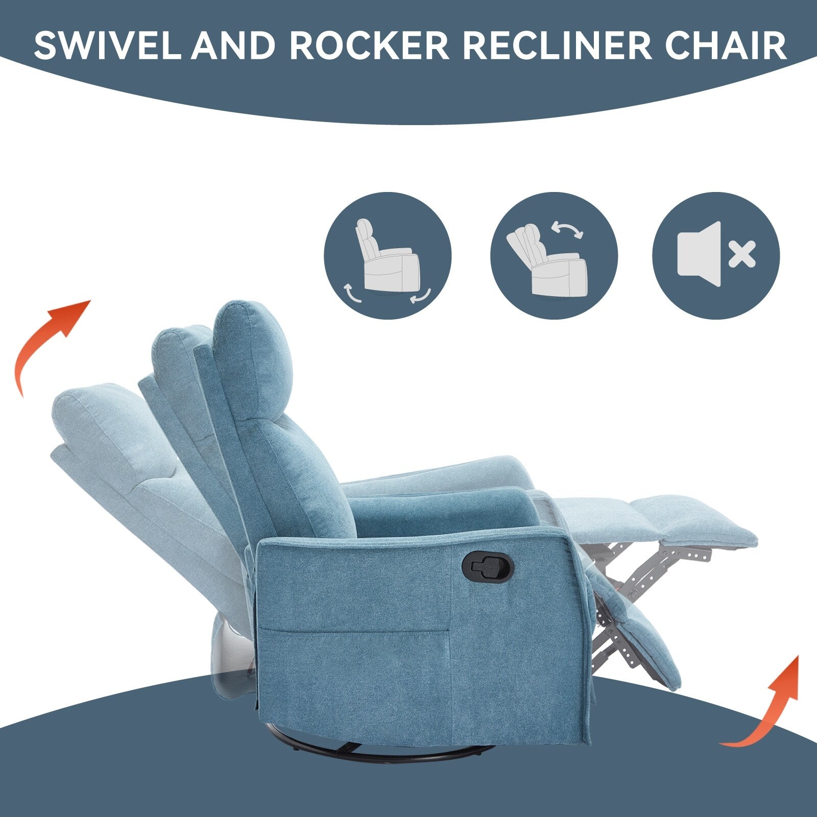 Fauteuil inclinable manuel à 8 points de massage, fauteuil à bascule pivotant en tissu, fauteuil simple avec bascule et chauffage lombaire