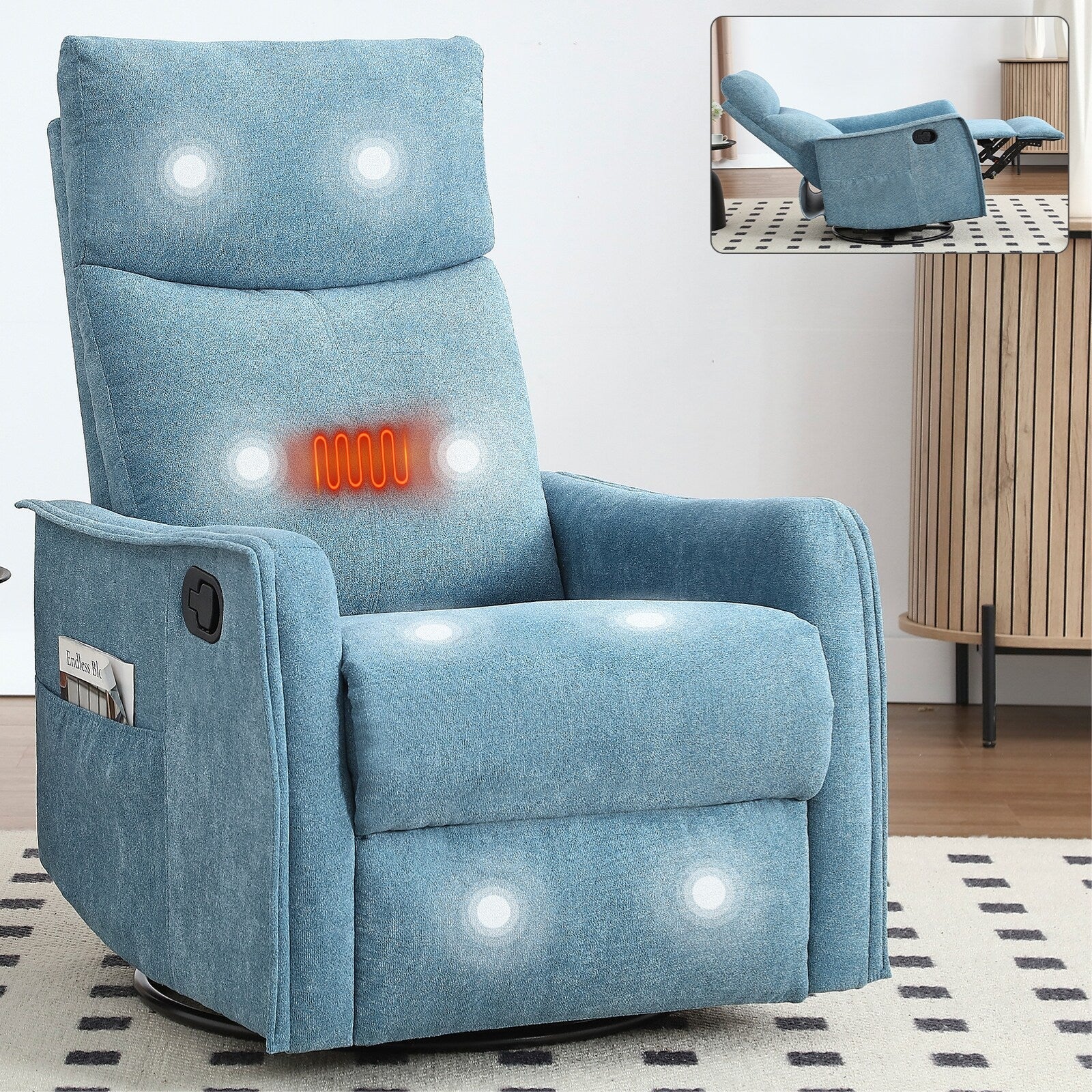 Fauteuil inclinable manuel à 8 points de massage, fauteuil à bascule pivotant en tissu, fauteuil simple avec bascule et chauffage lombaire