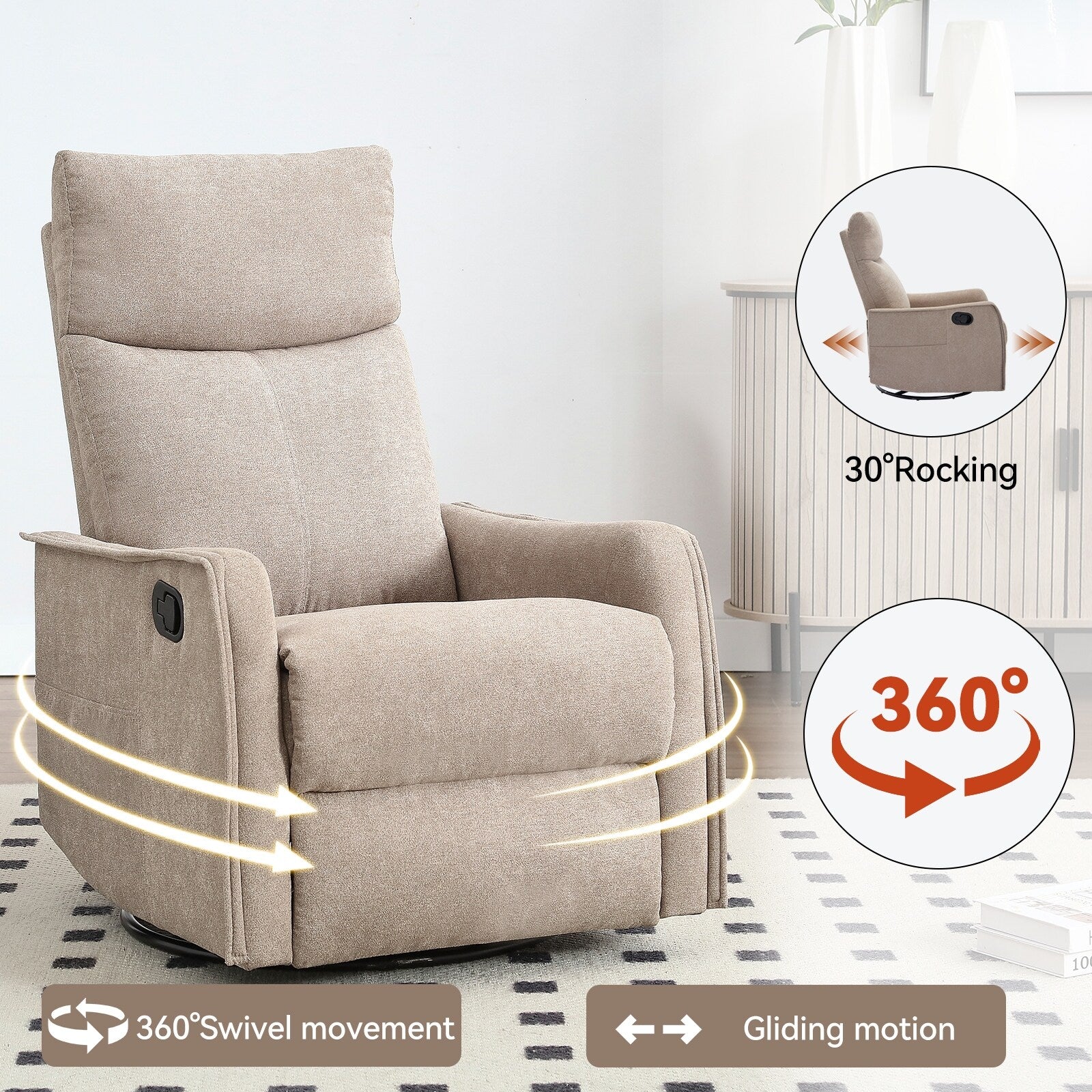 Fauteuil inclinable manuel à 8 points de massage, fauteuil à bascule pivotant en tissu, fauteuil simple avec bascule et chauffage lombaire