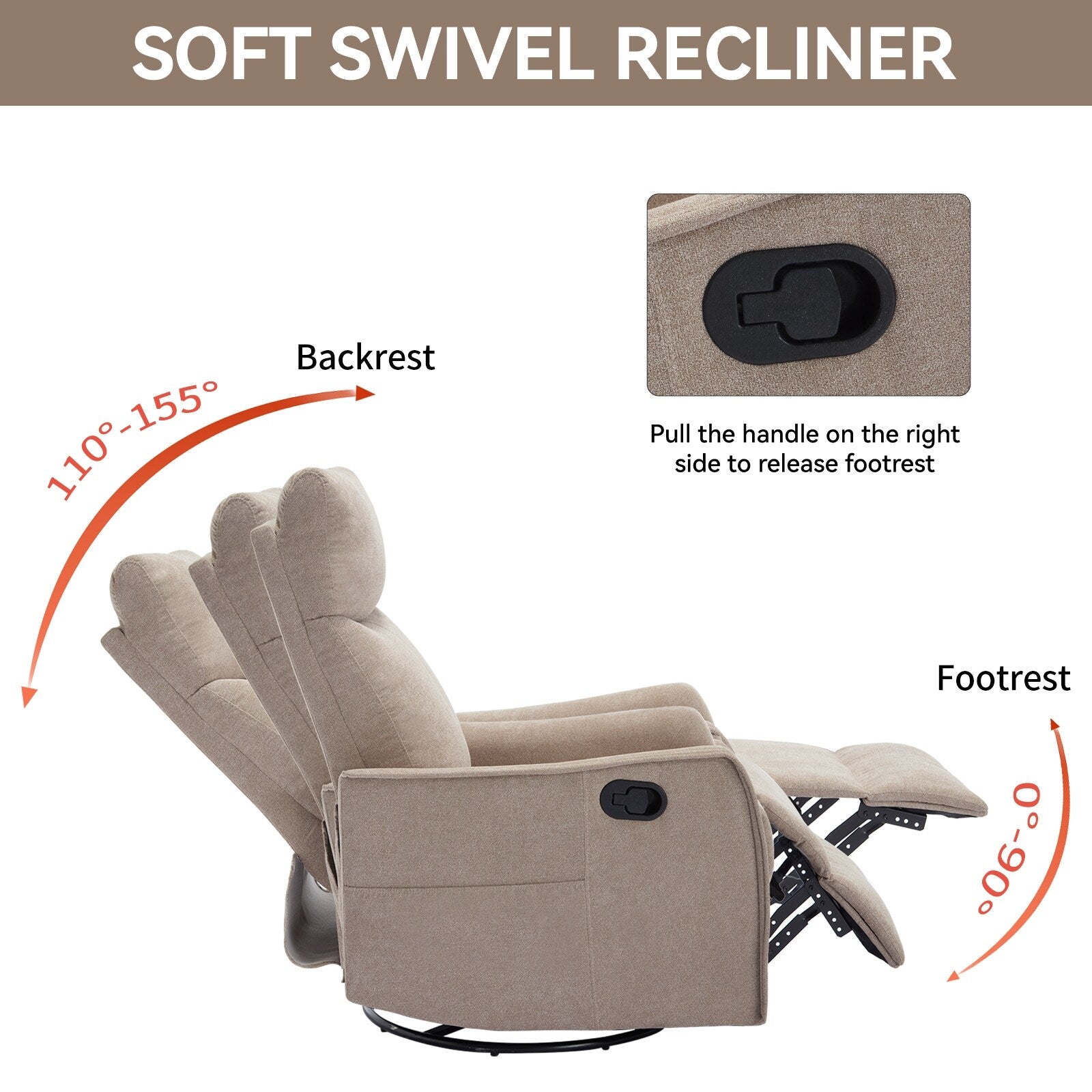 Fauteuil inclinable manuel à 8 points de massage, fauteuil à bascule pivotant en tissu, fauteuil simple avec bascule et chauffage lombaire