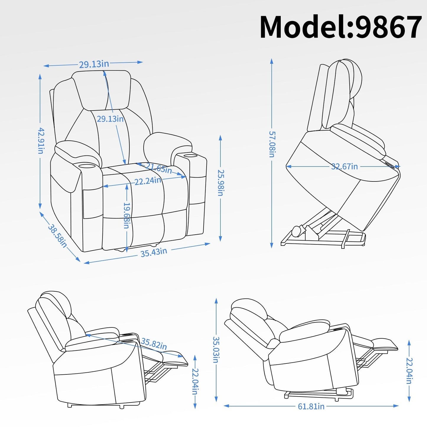 Fauteuil inclinable à vibrations 8 points, massage électrique, mécanisme de mouvement robuste avec chauffage lombaire, deux ports USB et porte-gobelets