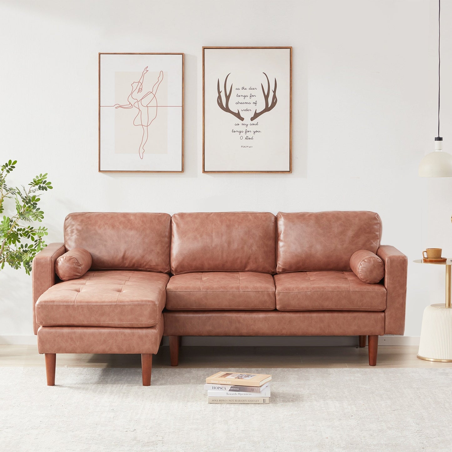 Canapé sectionnel 3 places en tissu en forme de L de 80 pouces avec coussins capitonnés, méridienne réversible et style milieu de siècle