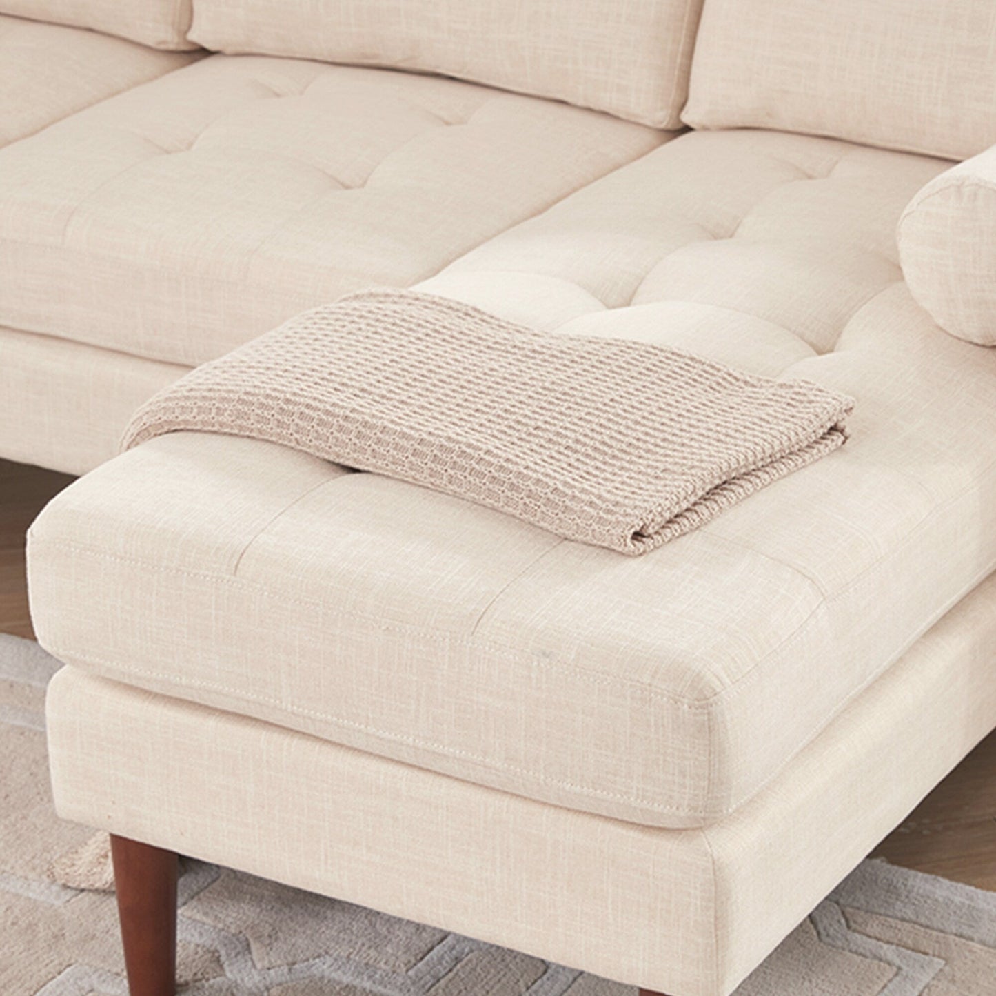 Canapé sectionnel 3 places en lin 80 avec méridienne réversible, coussin d'assise capitonné et cadre en bois robuste