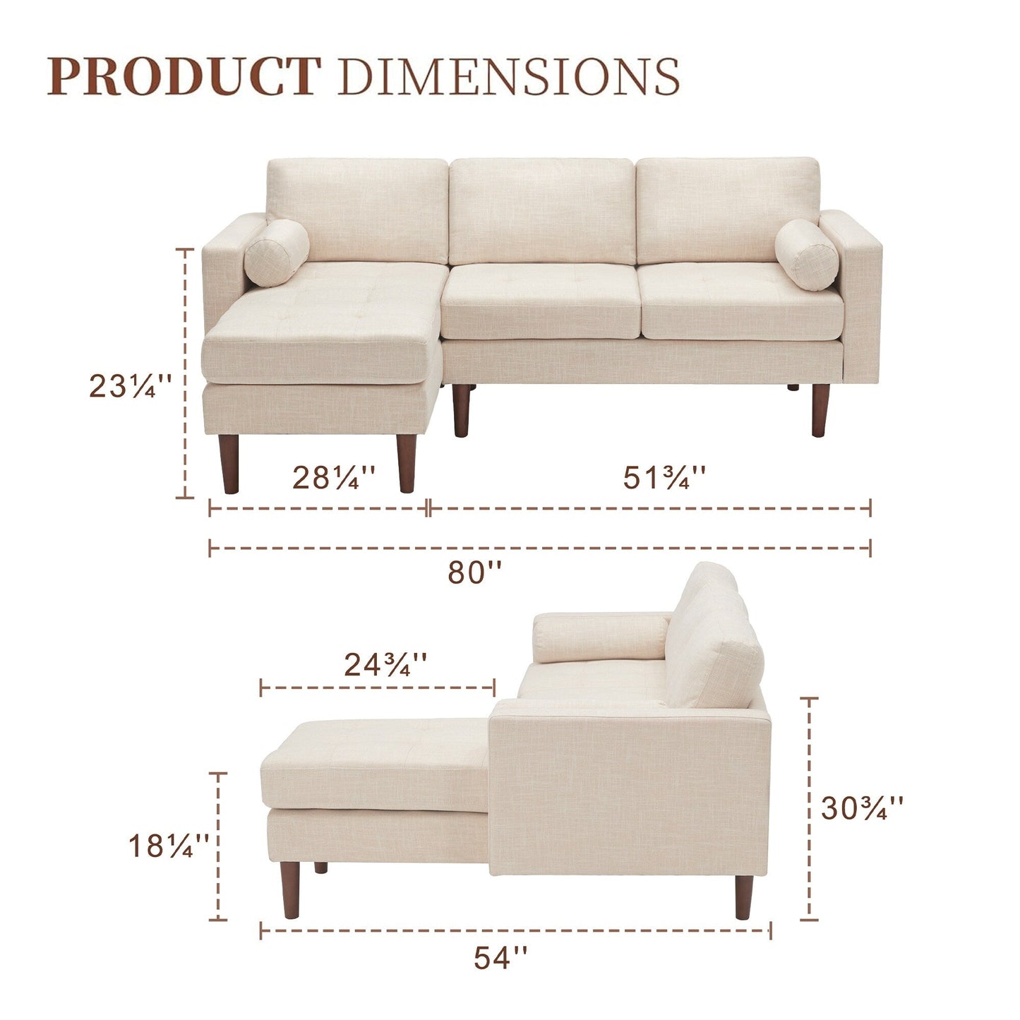 Canapé sectionnel 3 places en lin 80 avec méridienne réversible, coussin d'assise capitonné et cadre en bois robuste