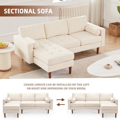 Canapé sectionnel 3 places en lin 80 avec méridienne réversible, coussin d'assise capitonné et cadre en bois robuste