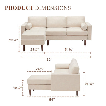 Canapé sectionnel 3 places en lin 80 avec méridienne réversible, coussin d'assise capitonné et cadre en bois robuste