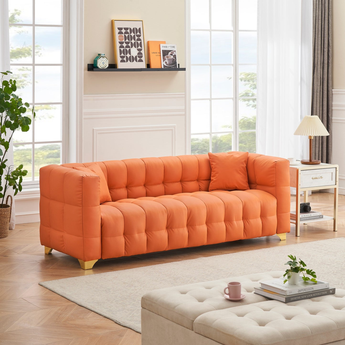 Canapé 3 places en tissu technique orange 80, imperméable, antitache et anti-pattes de chat