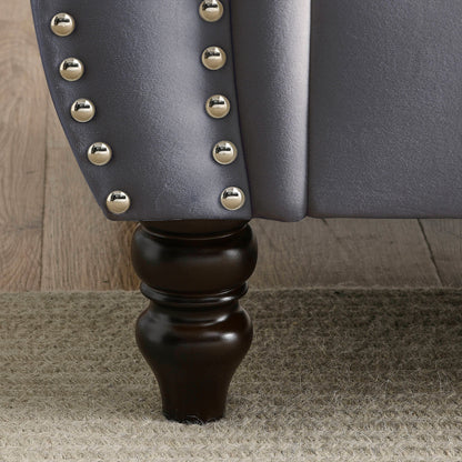 Canapé Chesterfield 3 places en velours 80 avec motif capitonné, garniture cloutée et 2 coussins
