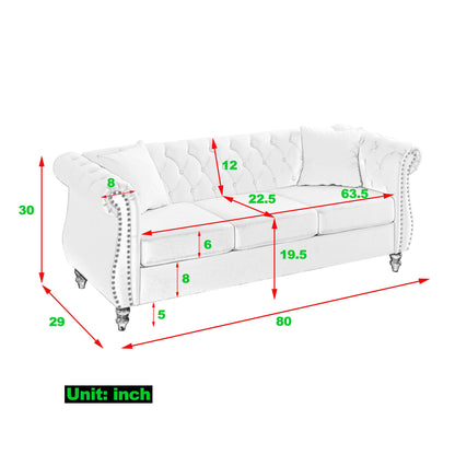 Canapé Chesterfield 3 places en velours 80 avec motif capitonné, garniture cloutée et 2 coussins