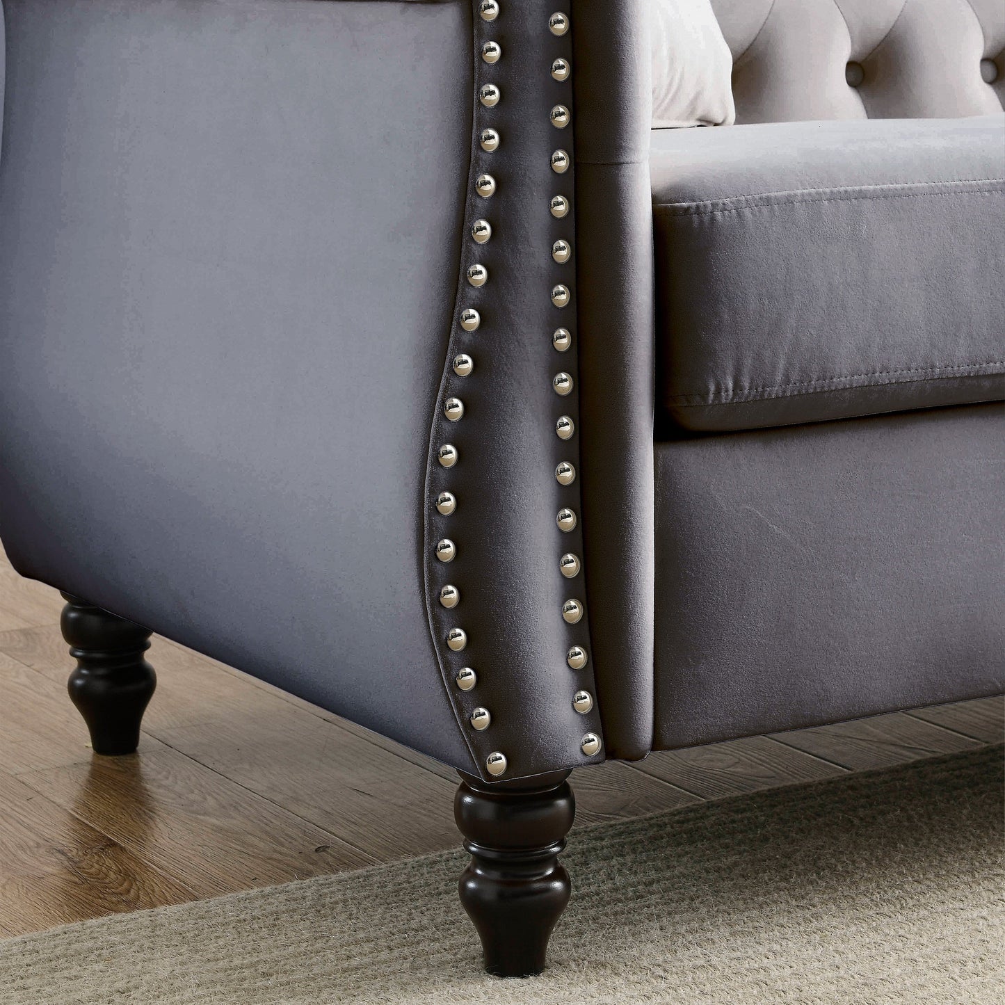 Canapé Chesterfield 3 places en velours 80 avec motif capitonné, garniture cloutée et 2 coussins
