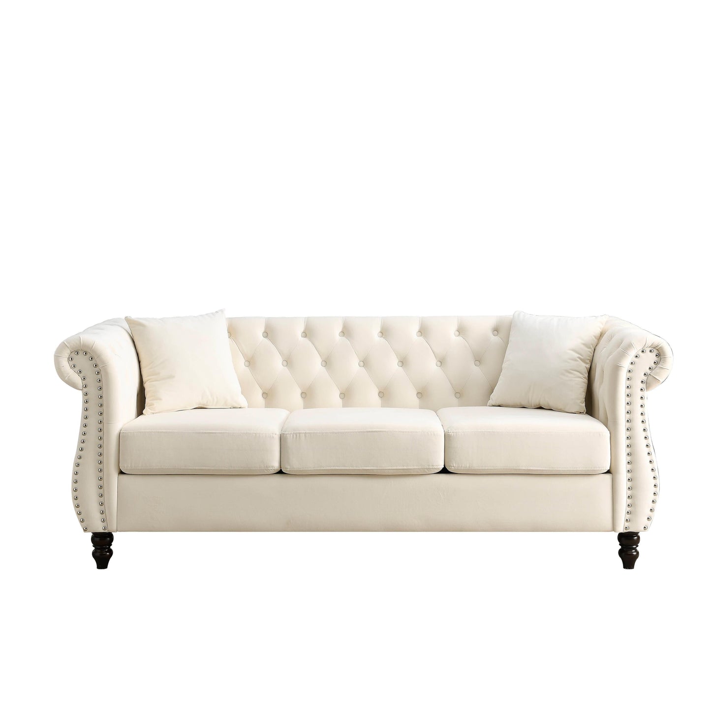Canapé Chesterfield 3 places en velours 80 avec motif capitonné, garniture cloutée et 2 coussins