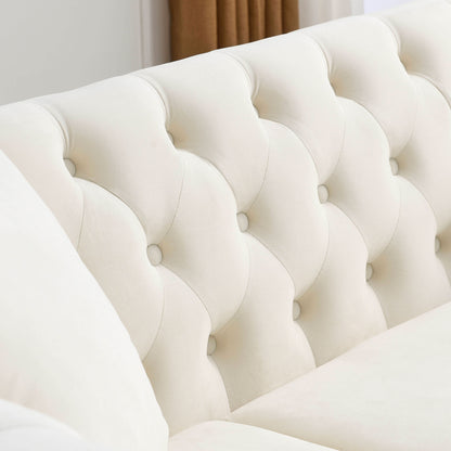 Canapé Chesterfield 3 places en velours 80 avec motif capitonné, garniture cloutée et 2 coussins