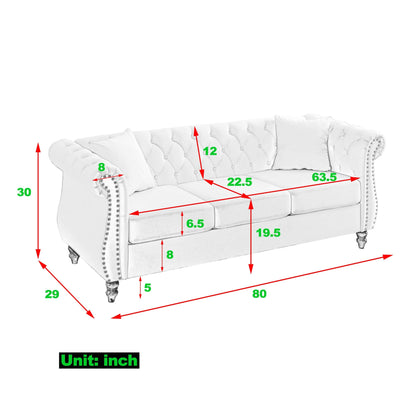 Canapé Chesterfield 3 places en velours 80 avec motif capitonné, garniture cloutée et 2 coussins