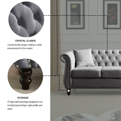 Canapé Chesterfield 3 places en velours 80 avec motif capitonné, garniture cloutée et 2 coussins