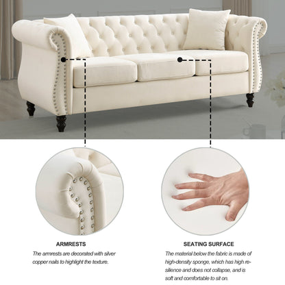 Canapé Chesterfield 3 places en velours 80 avec motif capitonné, garniture cloutée et 2 coussins