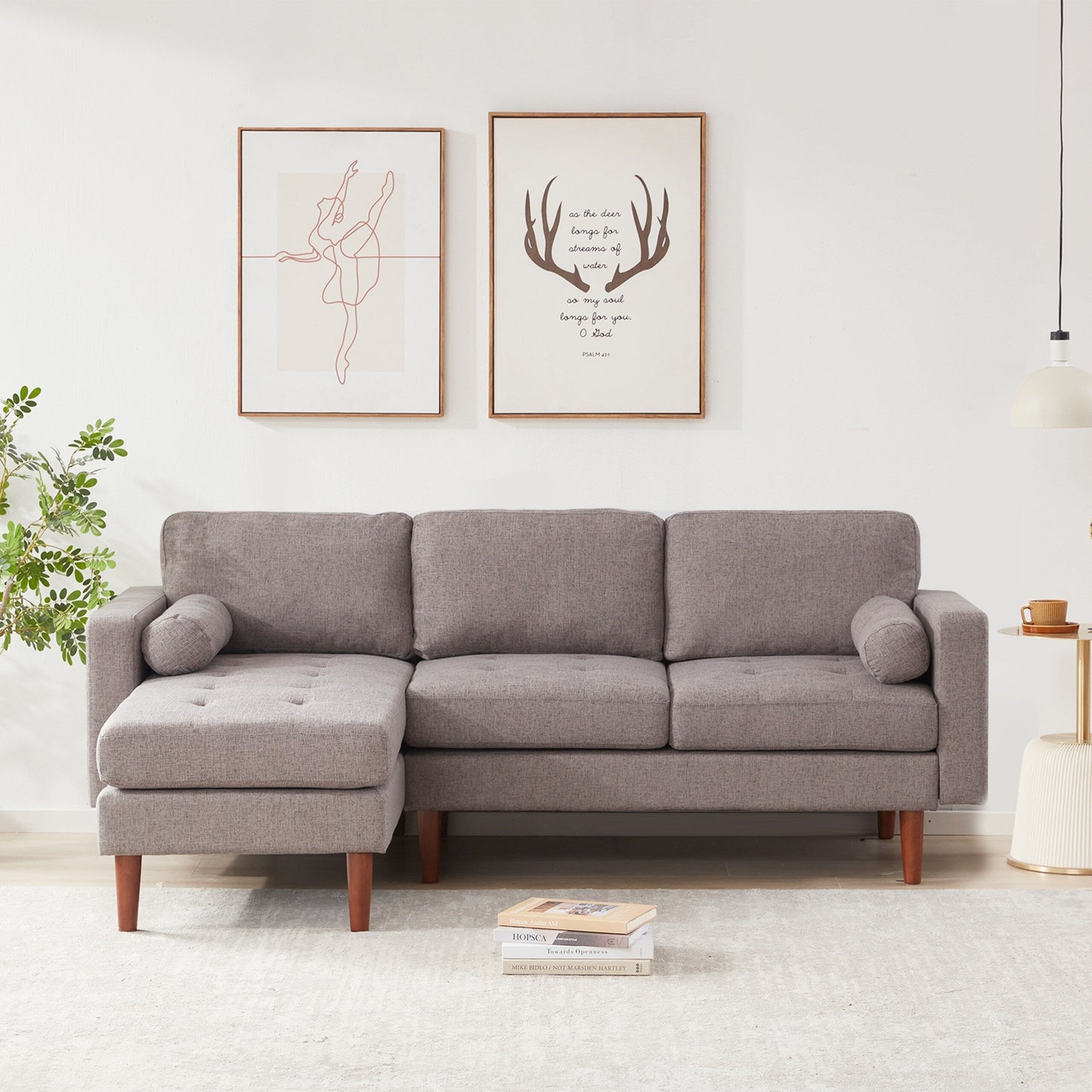 Canapé sectionnel en L en tissu de 80 pouces, 3 places avec coussins capitonnés, méridienne réversible et style milieu de siècle