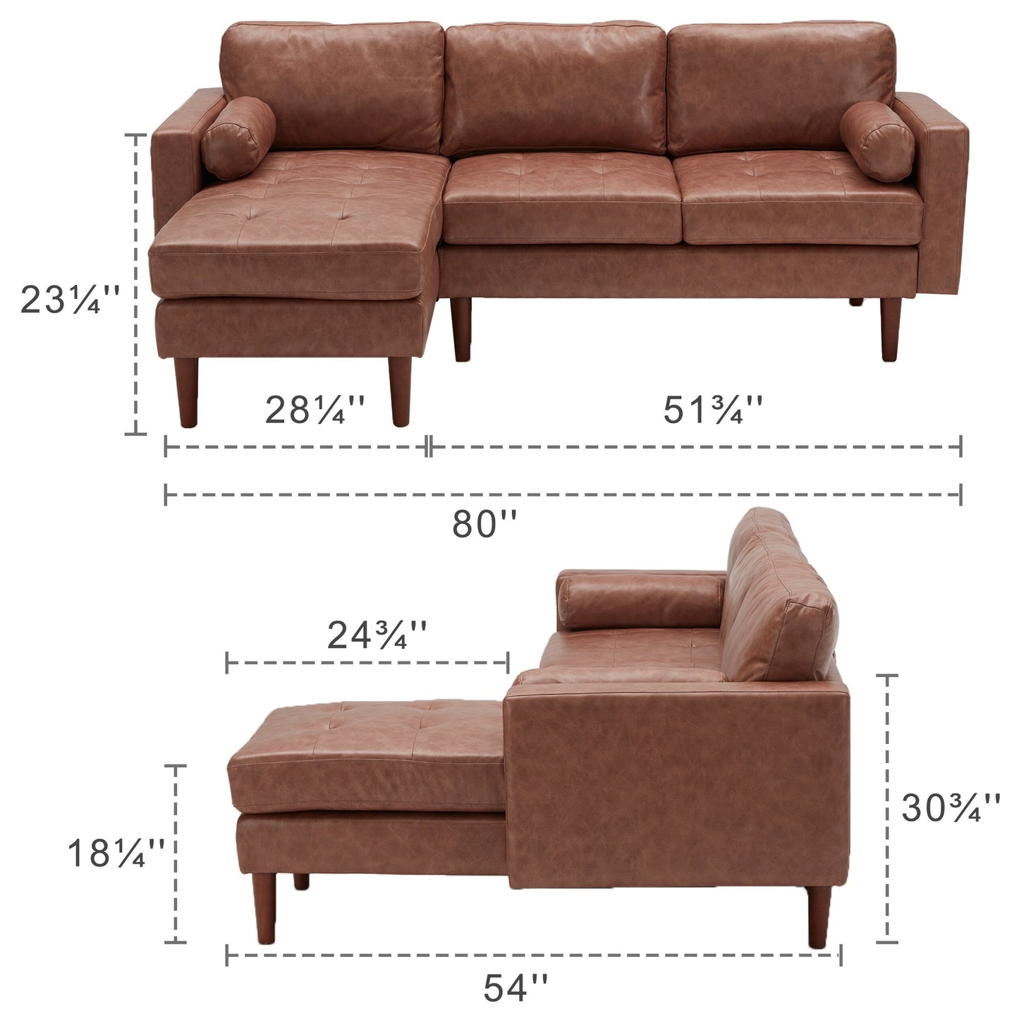 Canapé sectionnel en L en tissu de 80 pouces, 3 places avec coussins capitonnés, méridienne réversible et style milieu de siècle