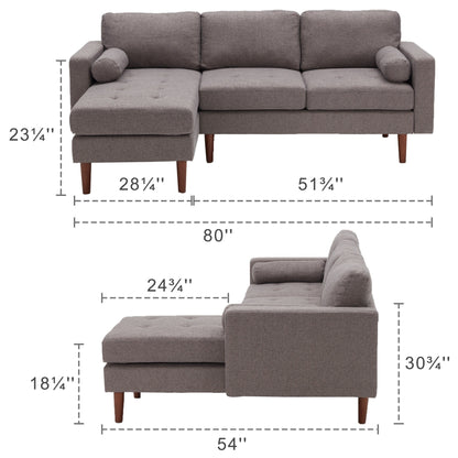 Canapé sectionnel 3 places en tissu en forme de L de 80 pouces avec coussins capitonnés, méridienne réversible et cadre en bois