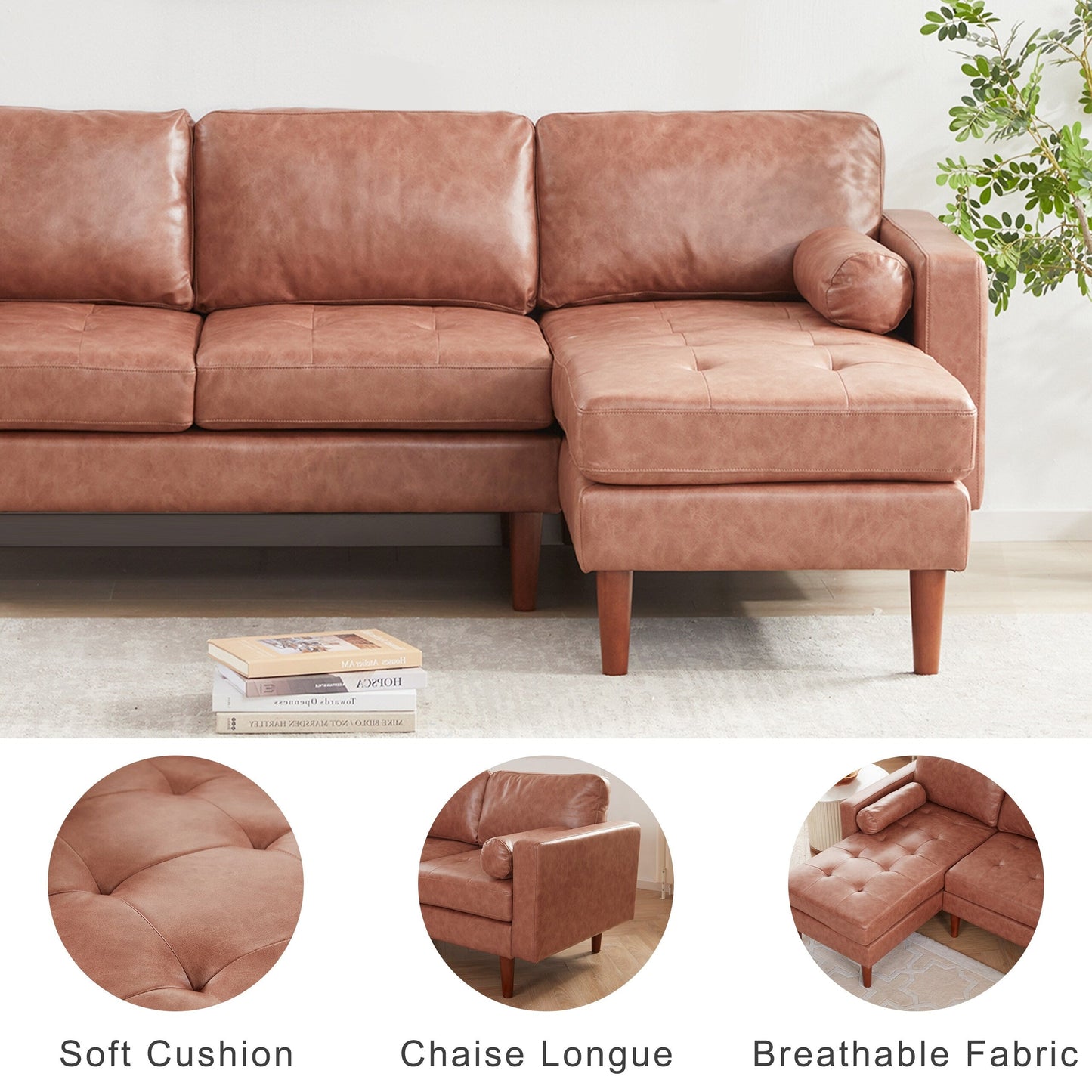Canapé sectionnel en tissu en forme de L de 80 pouces, 3 places avec coussins capitonnés, design du milieu du siècle et méridienne réversible