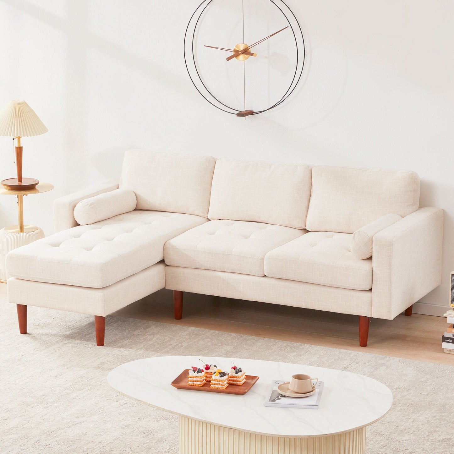 Canapé sectionnel en L en lin de 80 po avec méridienne réversible, cadre en bois et design confortable