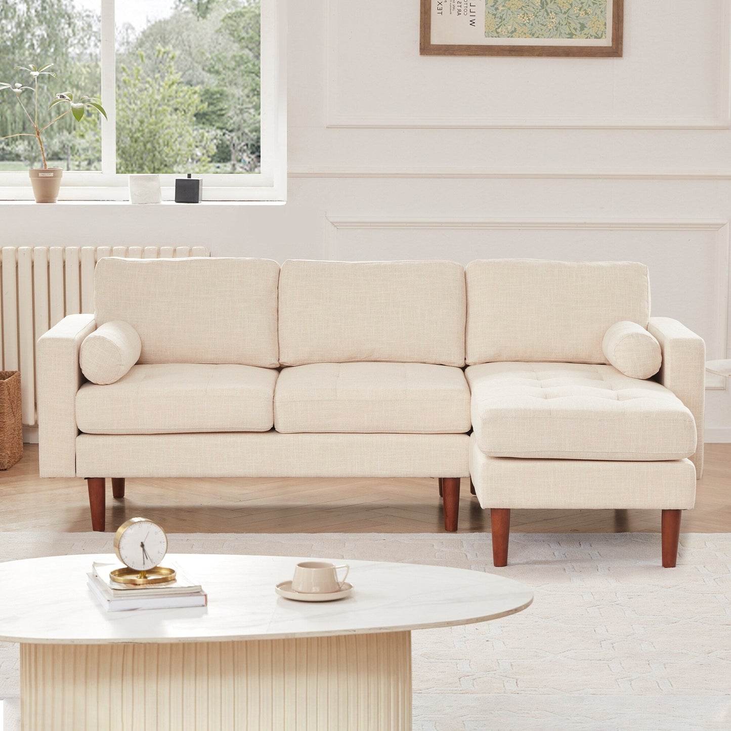 Canapé sectionnel en L en lin de 80 po avec méridienne réversible, cadre en bois et design confortable