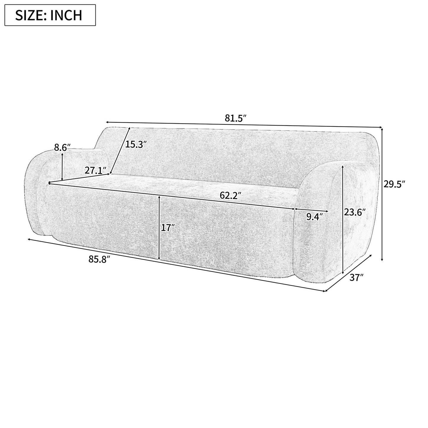 Canapé 3 places minimaliste à compression 81,5 avec larges assises et rembourrage en mousse haute densité pour salons