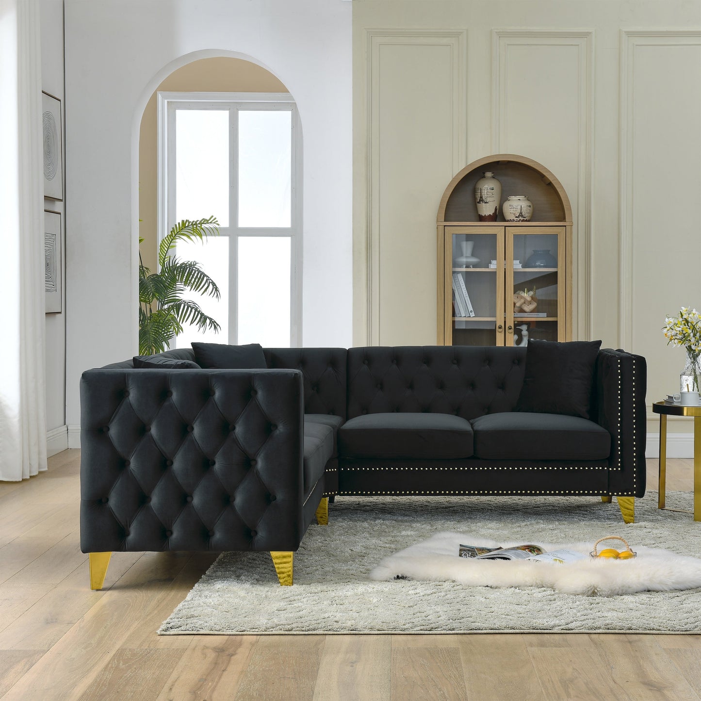 Canapé d'angle en velours de 82,2 pouces, canapé sectionnel en L, canapés d'angle 5 places avec 3 coussins pour salon, chambre, appartement