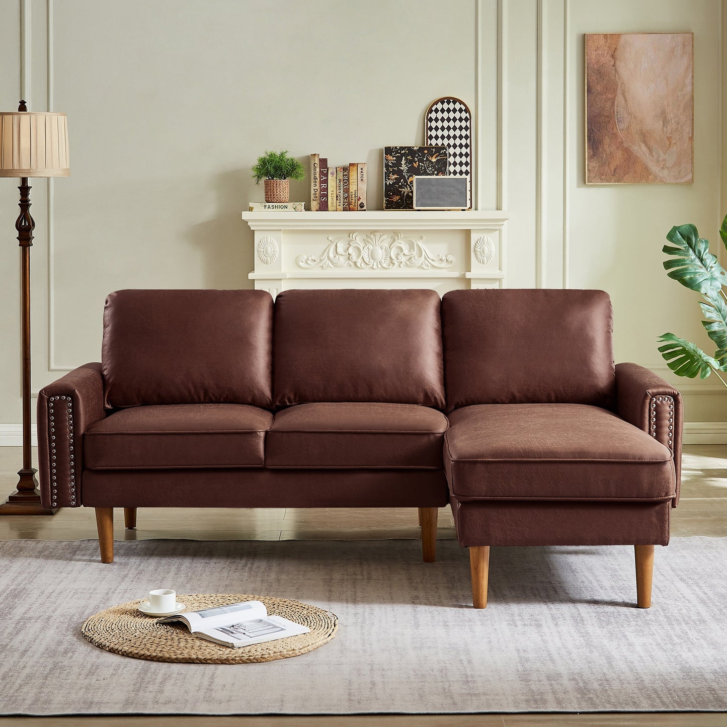Canapé 3 places en tissu 82.2 avec clous en cuivre et méridienne droite