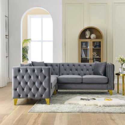 Canapé 5 places en velours en forme de L de 82,2 po avec garniture cloutée