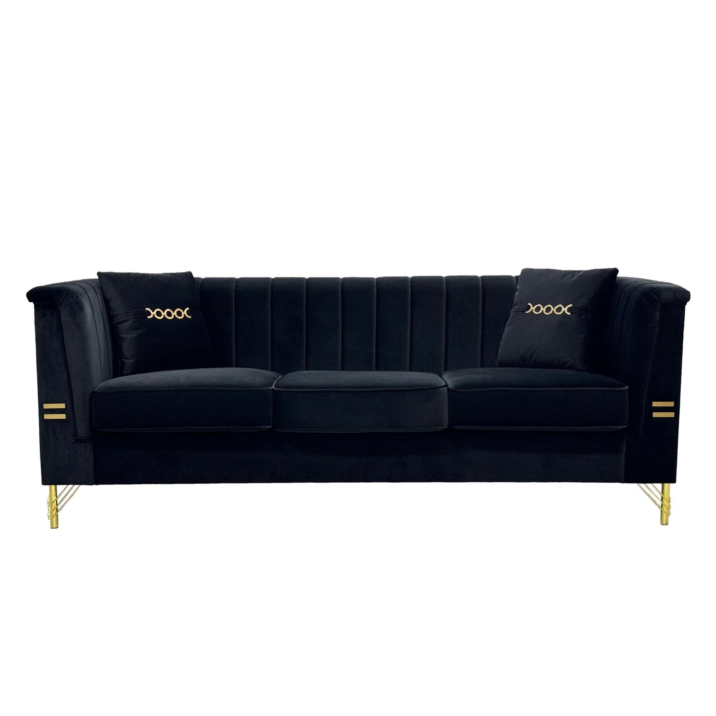 Canapé 3 places moderne en velours 82,67 po, dossier capitonné à canaux verticaux, pieds en métal doré, style Chesterfield