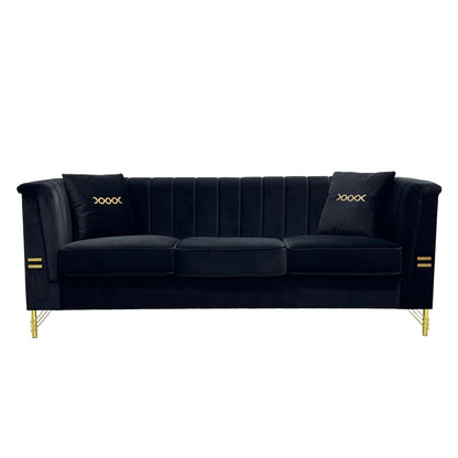 Canapé 3 places moderne en velours 82,67 po, dossier capitonné à canaux verticaux, pieds en métal doré, style Chesterfield