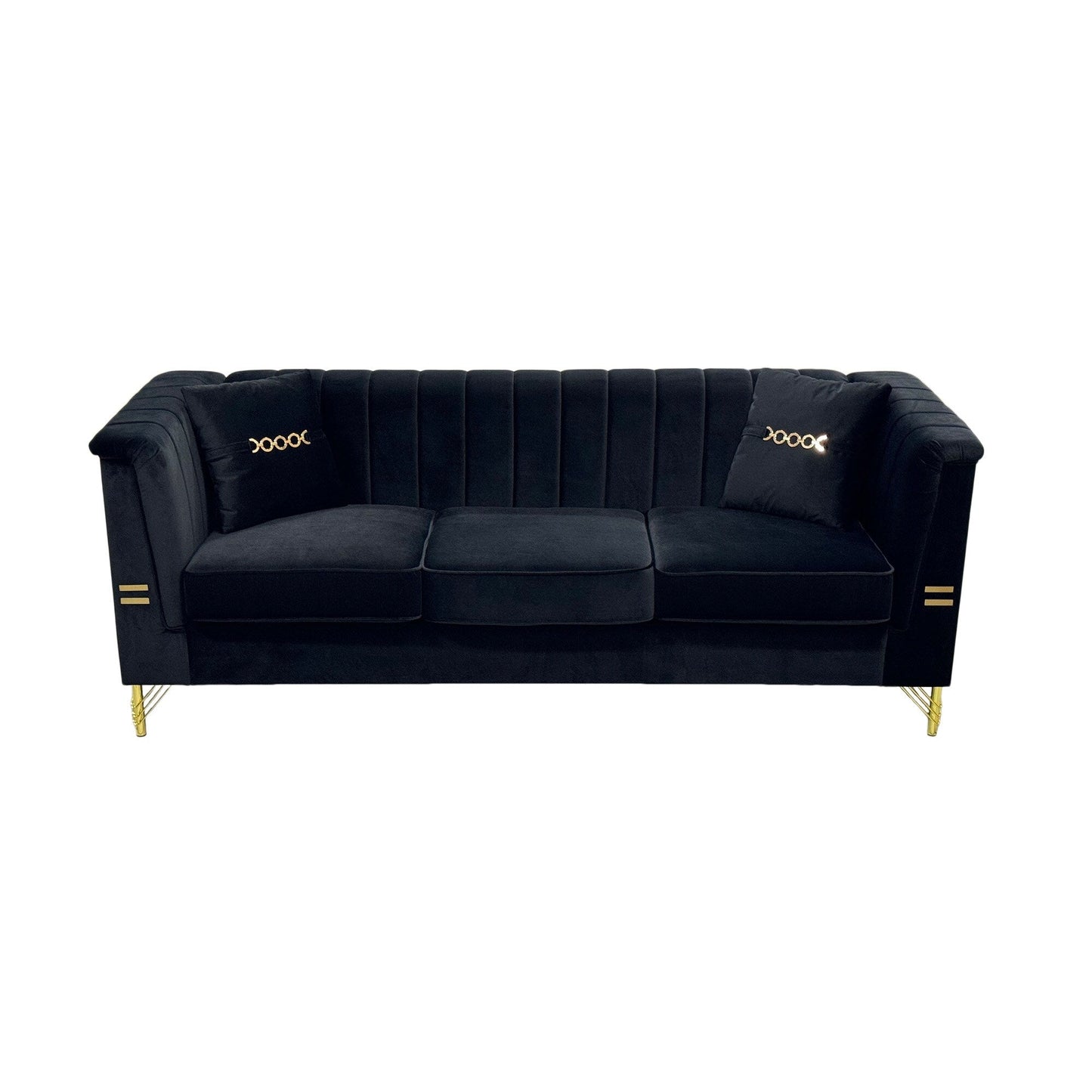 Canapé 3 places moderne en velours 82,67 po, dossier capitonné à canaux verticaux, pieds en métal doré, style Chesterfield