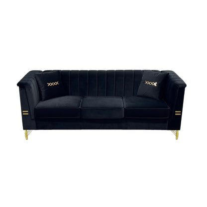 Canapé 3 places moderne en velours 82,67 po, dossier capitonné à canaux verticaux, pieds en métal doré, style Chesterfield